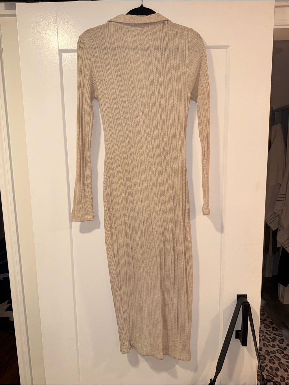PrettyLittleThing Beige Ribbed Long Sleeve Button-Front Midi Dress - Picture 3 of 3